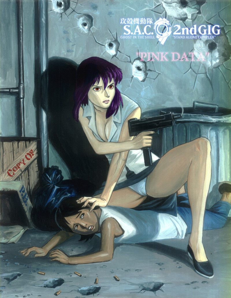 1boy 1girl age_difference black_eyes black_hair breasts bullet_hole cameltoe chai_(ghost_in_the_shell) child cleavage cover cover_page doujin_cover ghost_in_the_shell ghost_in_the_shell_stand_alone_complex gun hand_on_head kusanagi_motoko lips lying matching_hair/eyes on_ground pandora's_box pandora's_box panties pantyshot pistol purple_hair red_eyes serious short_hair skirt sleeveless smoke spread_legs submachine_gun thighs weapon white_panties