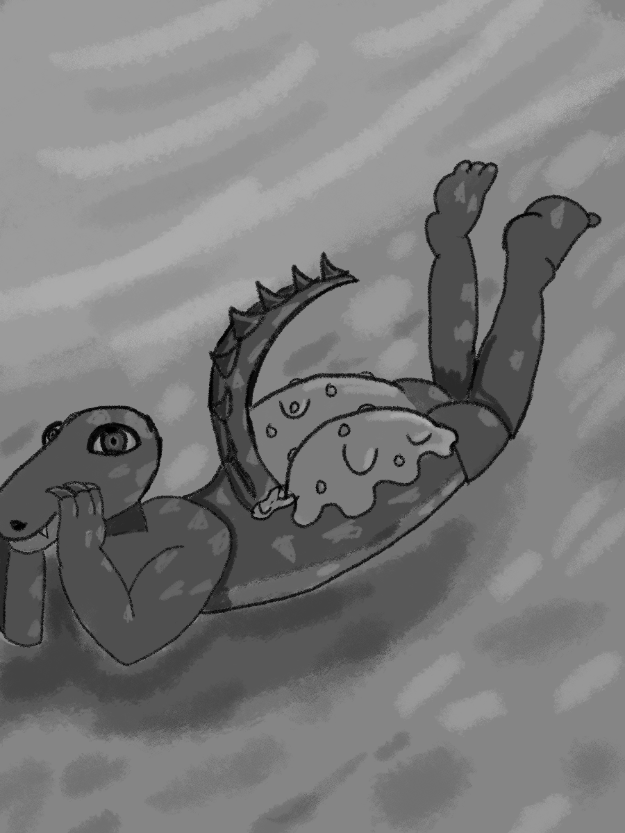 anthro beach big_butt butt crocodile crocodilian crocodylid food_on_body food_on_butt greyscale hi_res icing lucas_rodgers_(dump_lings_png) lying male monochrome on_front reptile scalie solo unknown_artist