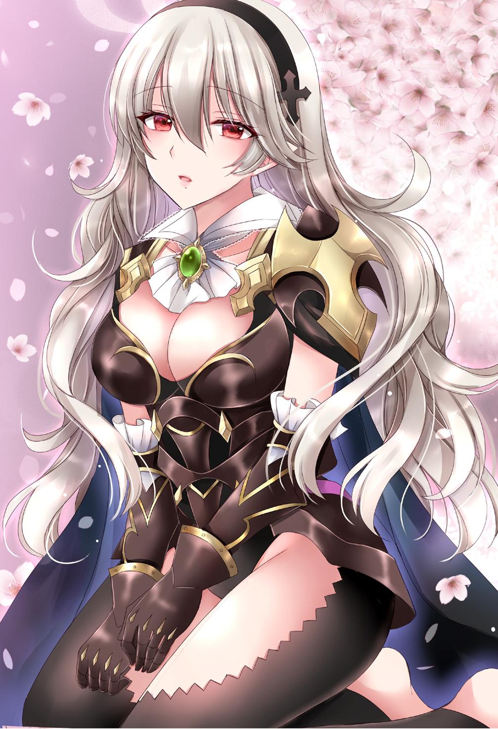 1girl armored_leotard black_hairband black_leggings black_leotard blue_cape breasts cape cleavage corrin_(female)_(fire_emblem) corrin_(female)_(nohr_noble)_(fire_emblem) corrin_(fire_emblem) fire_emblem fire_emblem_fates fire_emblem_heroes flower gauntlets grey_hair groin hair_between_eyes hairband highres kirishima_riona leggings leotard long_hair looking_at_viewer medium_breasts mole mole_under_mouth official_alternate_costume parted_lips petals pink_flower red_eyes seiza sitting solo very_long_hair