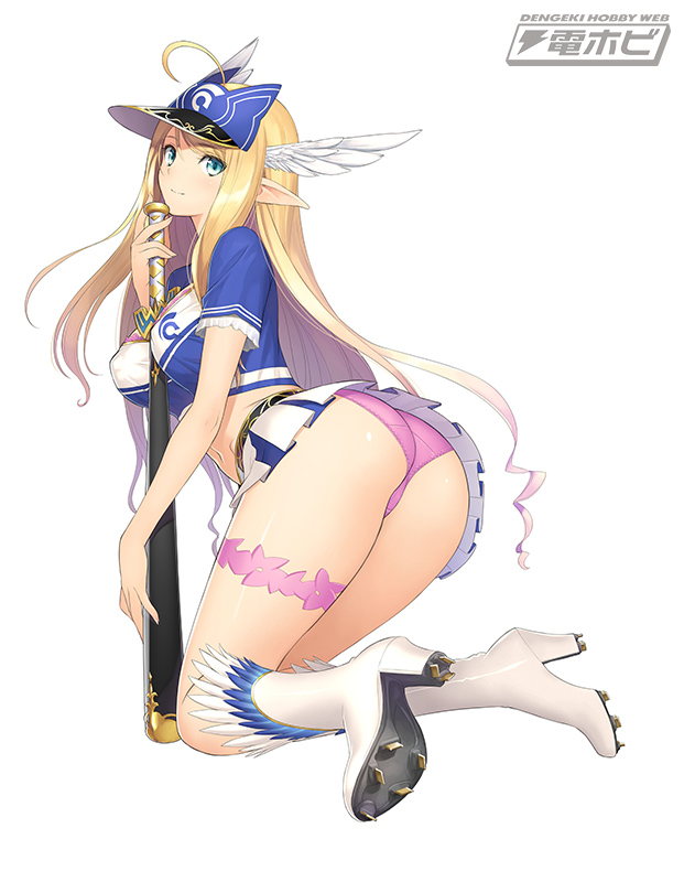 1girl ahoge ass baseball_bat baseball_uniform between_breasts blonde_hair blue_eyes boots breasts centurions_(death_ball) closed_mouth covered_nipples death_ball elf feather_trim full_body high_heel_boots high_heels holding knee_boots kneeling logo long_hair looking_at_viewer looking_back medium_breasts midriff miniskirt nadeshiko_(death_ball) official_art panties pink_panties pleated_skirt pointy_ears shiny_skin shirt short_sleeves skirt smile sportswear thigh_strap thighs tony_taka underwear uniform visor_cap white_background