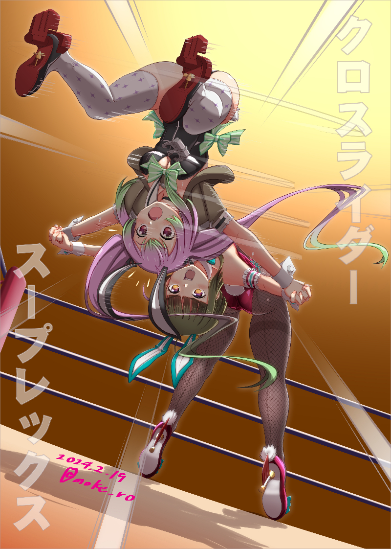 2girls adapted_costume animal_ears bob_cut boots bow bowtie breasts covered_navel detached_collar fake_animal_ears fishnet_pantyhose fishnets full_body gradient_hair green_bow green_bowtie green_hair grey_sailor_collar kantai_collection leotard long_hair moke_ro momo_(kancolle) multicolored_hair multiple_girls open_mouth pantyhose pink_hair pink_leotard playboy_bunny rabbit_ears rabbit_tail red_eyes sailor_collar sailor_shirt shirt short_hair short_hair_with_long_locks short_sleeves stage_lights strapless strapless_leotard suplex tail takanami_(kancolle) thighhighs traditional_bowtie twintails wrestling wrestling_outfit wrestling_ring wrist_cuffs