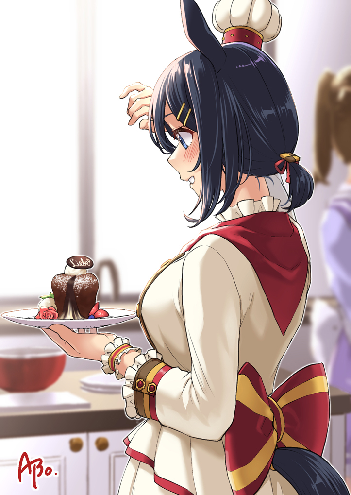 1girl abo_(hechouchou) animal_ears black_hair blue_eyes blush bow breasts cake chef_hat eishin_flash_(collect_chocolatier)_(umamusume) eishin_flash_(umamusume) food from_side hair_ornament hairclip hat holding holding_plate horse_ears horse_girl horse_tail large_breasts long_sleeves low_ponytail mini_chef_hat official_alternate_costume plate red_bow short_hair sidelocks signature solo tail tail_through_clothes umamusume