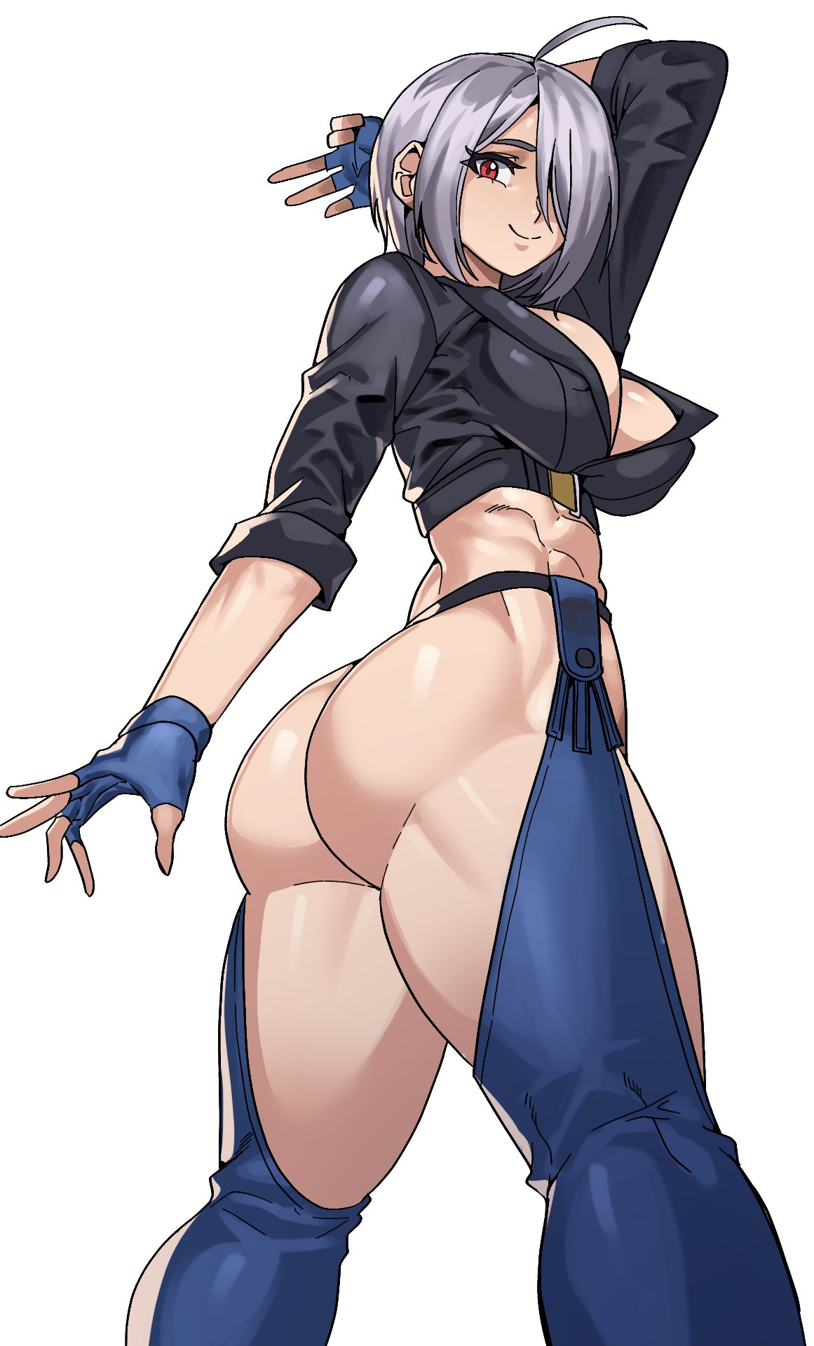 1girl abs angel_(kof) backless_pants bra chaps crop_top cropped_jacket fingerless_gloves gamjasssak gloves hair_over_one_eye highres jacket leather leather_jacket looking_down midriff muscular muscular_female pants red_eyes snk solo strapless strapless_bra the_king_of_fighters the_king_of_fighters_xiv toned underwear white_hair
