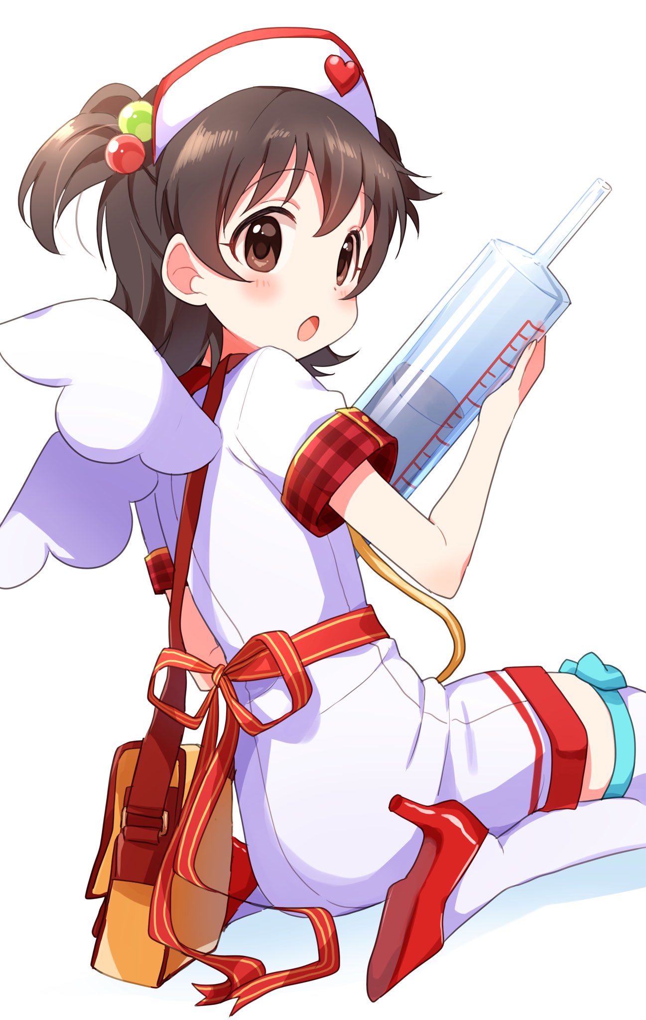 1girl akagi_miria bag black_hair blush bow brown_eyes buchi_(y0u0ri_) commentary dot_nose dress dress_bow fake_wings from_behind hair_bobbles hair_ornament hand_up hat high_heels highres holding holding_syringe idolmaster idolmaster_cinderella_girls idolmaster_cinderella_girls_starlight_stage looking_at_viewer looking_back nurse_cap open_mouth red_bow red_footwear red_trim short_hair short_sleeves shoulder_bag simple_background sitting smile solo syringe thighhighs two_side_up wariza white_background white_dress white_thighhighs wings