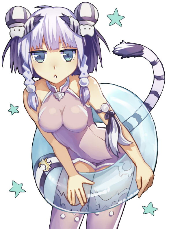 bare_shoulders blue_eyes braid chinese_clothes double_bun haku_(p&amp;d) innertube kibanda_gohan puzzle_&amp;_dragons silver_hair solo star tail thighhighs tiger_stripes tiger_tail