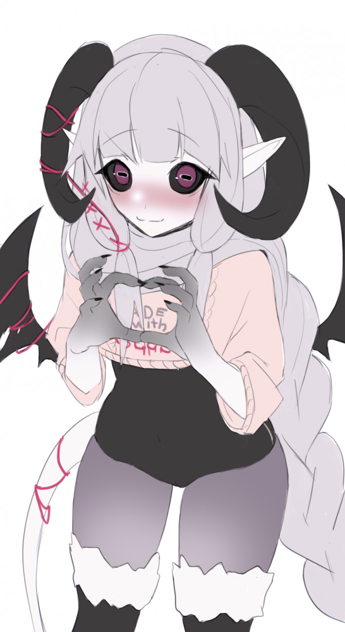 2020 2_horns 5_fingers animal_humanoid anthro bangs bat_wings black_claws black_sclera black_wings blunt_bangs blush bovid bovid_horn bovid_humanoid caprine caprine_horn caprine_humanoid claws clothed clothing digital_media_(artwork) eyelashes female fingers grey_hair hair hi_res horizontal_pupils horn humanoid humanoid_pointy_ears leaning long_hair mammal mammal_humanoid membrane_(anatomy) membranous_wings pink_clothing pink_sweater pink_topwear portrait pupils purple_eyes ram_horn rofortyseven sheep_humanoid shirt smile solo sweater three-quarter_portrait topwear white_body white_skin wings