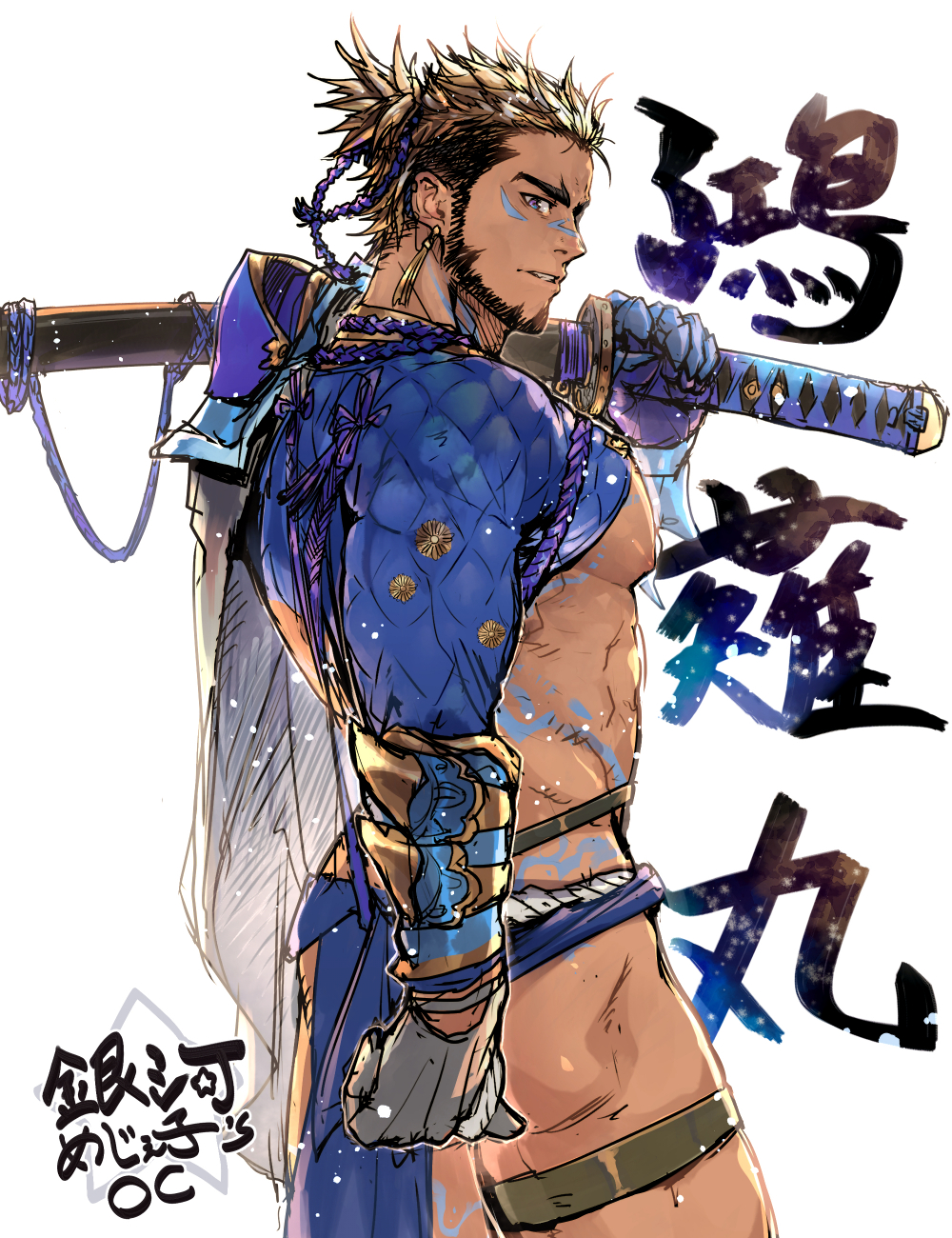 1boy ass bara bare_pectorals blonde_hair borrowed_character cowboy_shot dark-skinned_male dark_skin earrings from_side highres holding holding_sword holding_weapon jewelry katana leg_wrap male_focus mature_male monkey_banana86 multicolored_hair muscular muscular_male nipples original over_shoulder pectorals pelvic_curtain profile protected_link revealing_clothes short_hair shrug_(clothing) solo sword sword_over_shoulder thick_eyebrows thick_thighs thighs translation_request two-tone_hair weapon weapon_over_shoulder