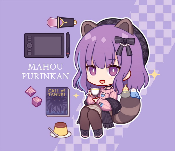 1girl :d animal animal_ears beret bird black_choker black_footwear black_scarf blush book boots brown_pantyhose brown_skirt call_of_cthulhu checkered_background chibi choker commentary_request cup dice drawing_tablet food fringe_trim grey_headwear hat hitsuki_rei holding holding_cup indie_virtual_youtuber mahou_purinkan pantyhose pink_sweater plaid_headwear pudding purple_background purple_eyes purple_hair raccoon_ears raccoon_girl raccoon_tail ribbed_sweater saucer scarf sitting skirt smile solo sparkle spoon striped_tail stylus sweater tail virtual_youtuber