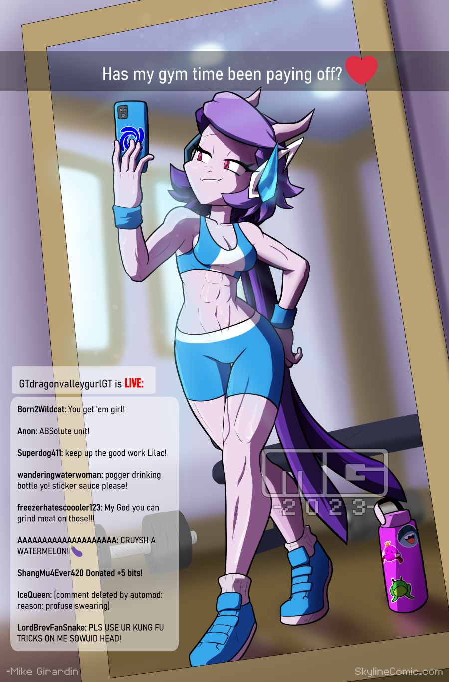 2024 abs anthro athletic_wear blue_clothing blue_footwear blue_shoes bottle bottomwear bra clothing container dragon earpiece electronics english_text female footwear freedom_planet galaxytrail gx3rcomics gym_bottomwear gym_shorts hair heart_after_text hi_res holding_object holding_phone horn long_hair looking_aside mirror mirror_selfie muscular muscular_female narrowed_eyes phone phone_case pink_eyes sash_lilac selfie shoes shorts signature smug_expression smug_face sneakers solo sports_bra stickers_on_object stream_chat streaming text underwear water_bottle weights