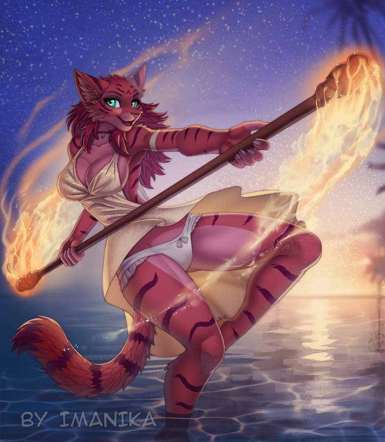 2024 5_fingers anthro breasts clothed clothing detailed_background digital_media_(artwork) eyebrows eyelashes felid feline female fingers fur hair imanika mammal night outside partially_submerged sky smile solo star starry_sky