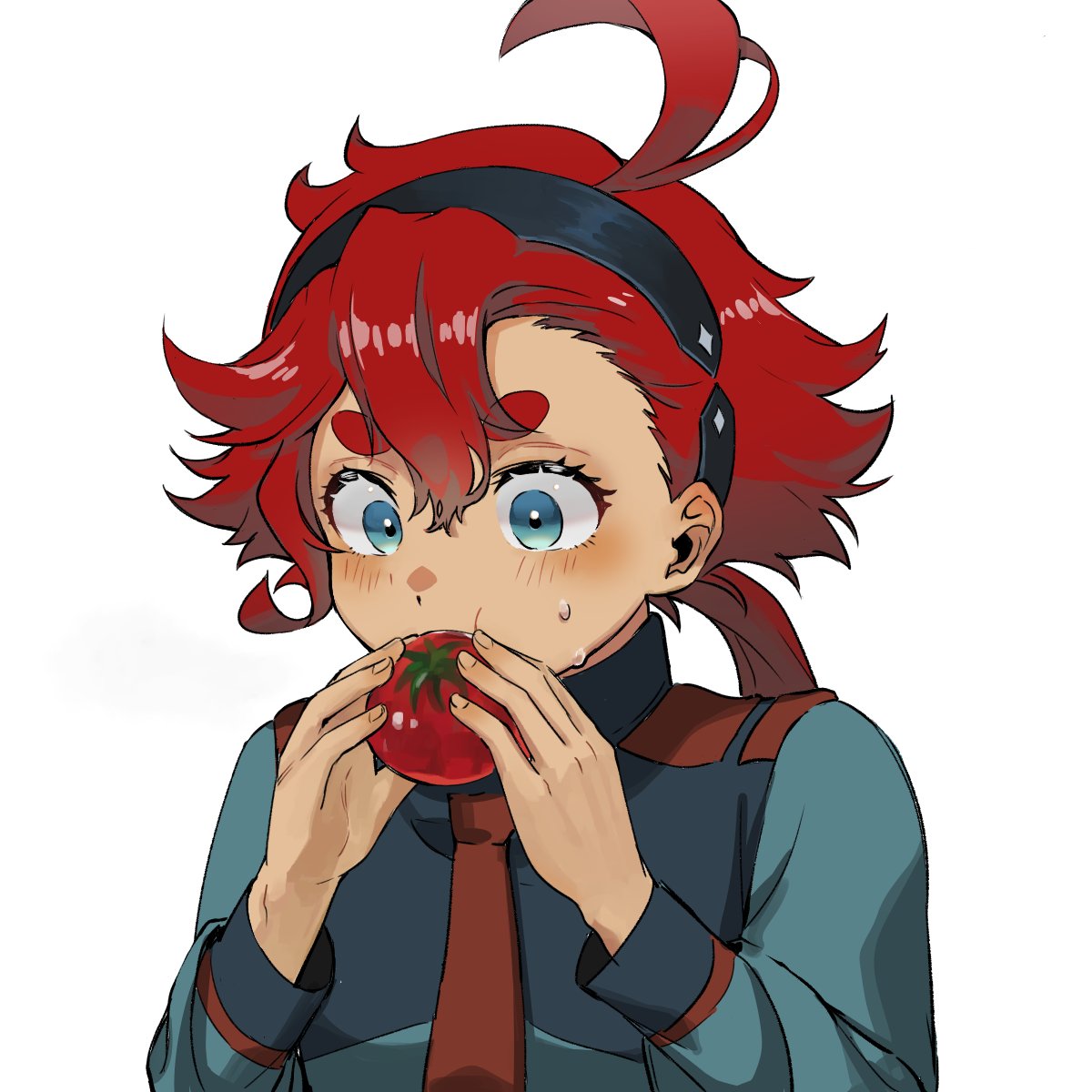 1girl ahoge black_hairband blue_eyes blue_jacket blush commentary eating food gundam gundam_suisei_no_majo hair_between_eyes hairband highres holding holding_food jacket long_hair long_sleeves nacl_022 necktie red_hair red_necktie simple_background solo suletta_mercury sweatdrop symbol-only_commentary tomato upper_body white_background