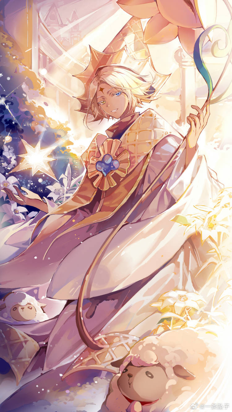 1boy black_shirt blonde_hair blue_eyes blue_gemstone brooch building bush cape cookie_run crown_hat facial_mark feet_out_of_frame flower forehead_mark gem heterochromia highres holding holding_staff holding_star humanization jewelry lily_(flower) long_sleeves looking_at_viewer male_focus object_floating_above_hand parted_bangs parted_lips pointy_hat pure_vanilla_cookie robe sheep shirt short_hair smile solo staff standing star_(symbol) weibo_logo weibo_username white_flower white_lily white_robe wide_sleeves wind yellow_cape yellow_eyes yellow_headwear zukiyn