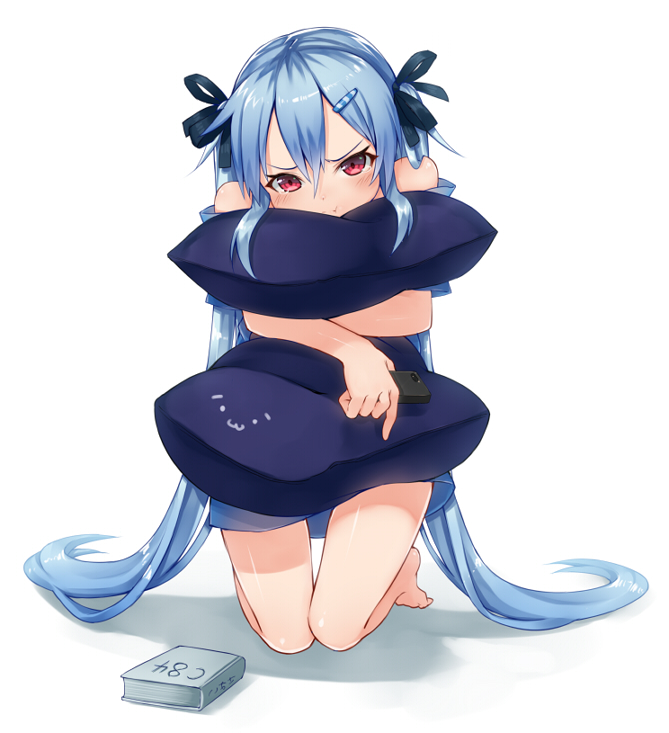 :t barefoot blue_hair blush bonnzinnak book cellphone full_body hair_ornament hair_ribbon hairclip long_hair looking_at_viewer original phone pillow pillow_hug pout red_eyes ribbon simple_background solo tears twintails very_long_hair white_background