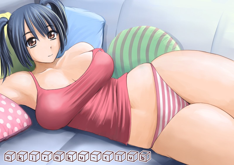 black_hair brown_eyes couch kiso_fumihiro original panties pillow solo striped striped_panties tank_top text_focus twintails underwear