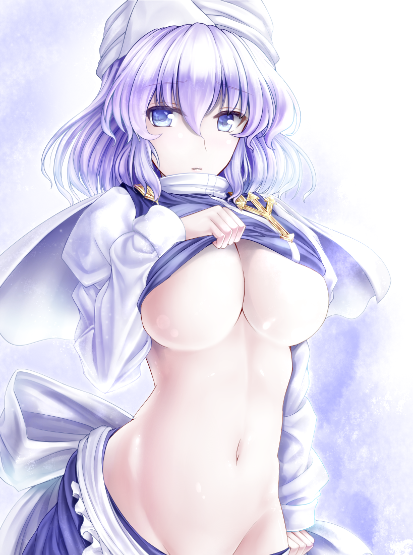 blue_eyes blush breasts groin hat large_breasts letty_whiterock looking_at_viewer navel pale_skin purple_hair revision shiny shiny_skin shirt_lift short_hair solo touhou underboob y2