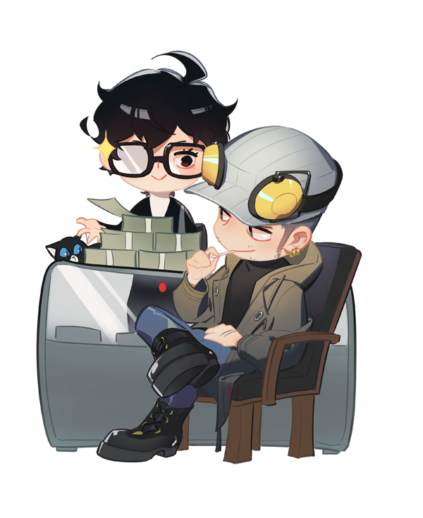 2boys :&gt; ahoge amamiya_ren ankle_boots banknote black_hair black_jacket black_sweater boots brown_coat brown_eyes chair chibi chibi_only coat cowlick cross-laced_footwear denim earrings glasses grey_hair grey_headwear hat headphones iwai_munehisa jacket jeans jewelry long_sleeves looking_at_another money morgana_(persona_5) multiple_boys naked_cat open_clothes open_coat pants persona persona_5 sideburns sitting smile sweater unbuttoned white_background