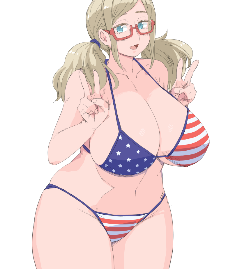1girl :d american_flag_bikini bikini blonde_hair blue_eyes breasts double_v flag_print glasses hands_up huge_breasts looking_at_viewer navel original puuyan red-framed_eyewear semi-rimless_eyewear simple_background smile solo standing swimsuit twintails v white_background