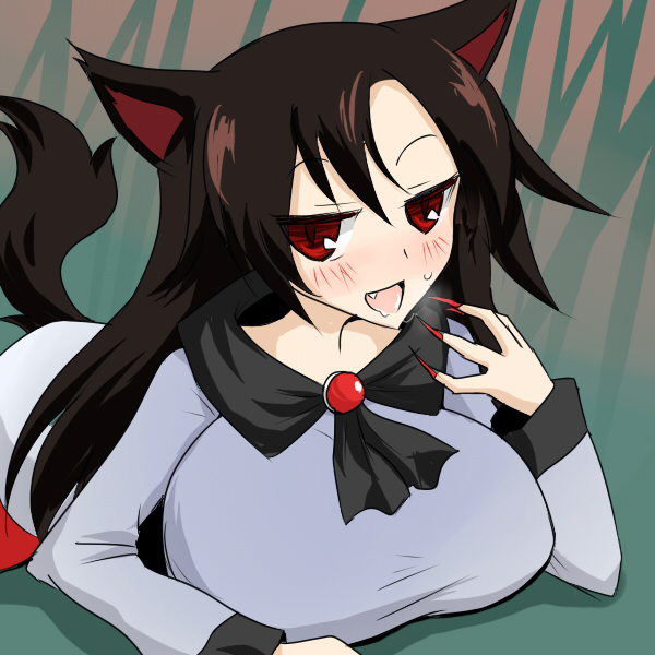 animal_ears black_hair blush breasts fang imaizumi_kagerou large_breasts long_hair lying naughty_face on_stomach oro_(zetsubou_girl) red_eyes saliva solo tail touhou wolf_ears wolf_tail