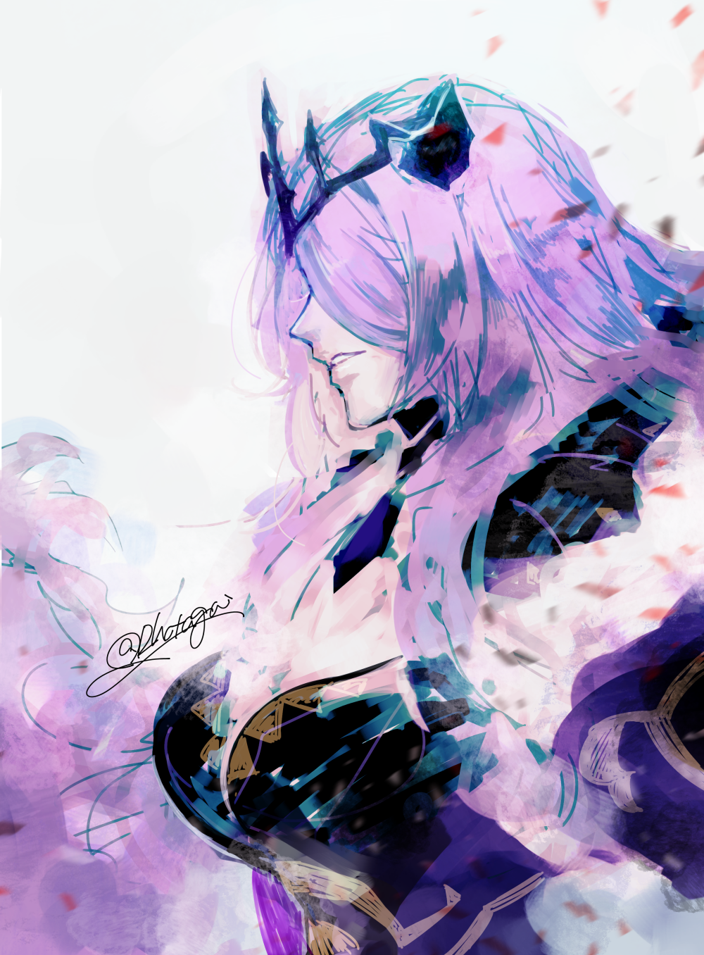 1girl armor black_armor black_tiara breasts camilla_(fire_emblem) camilla_(light_of_nohr)_(fire_emblem) cloak facing_to_the_side fire_emblem fire_emblem_fates fire_emblem_heroes fur_cloak fur_trim highres hotate_rayan large_breasts official_alternate_costume purple_hair solo wavy_hair