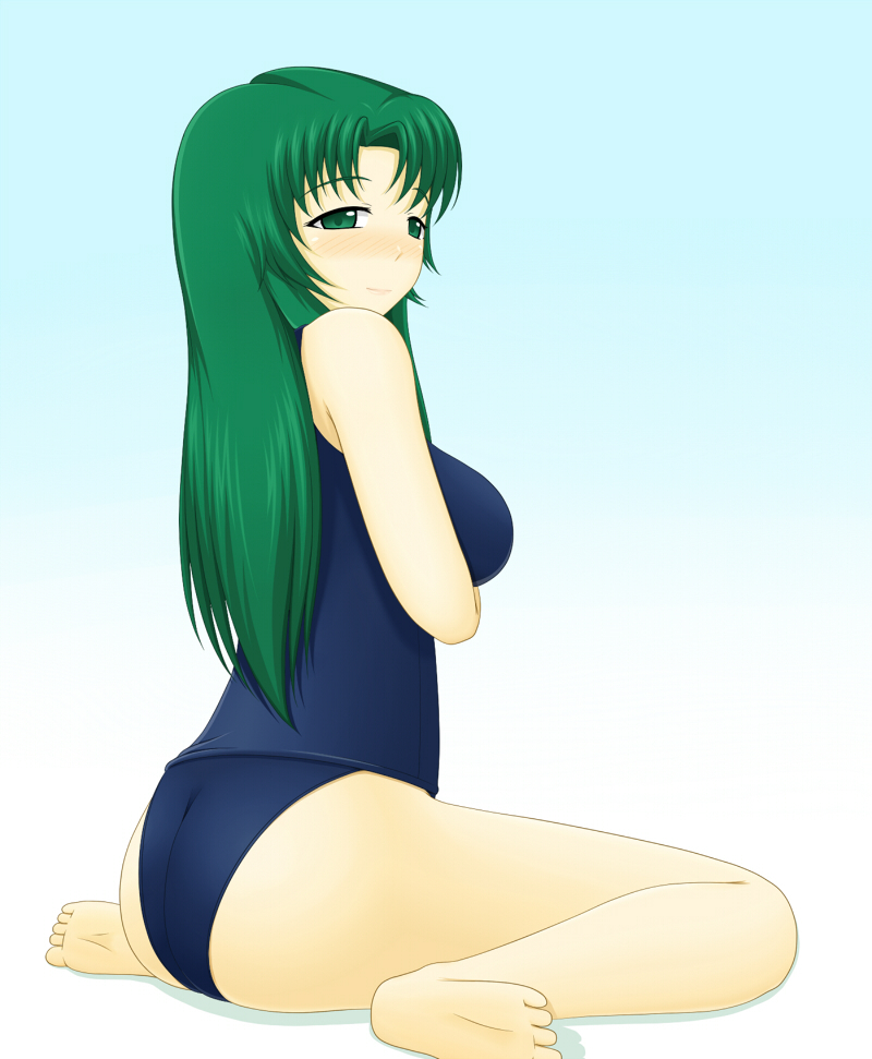 bad_feet barefoot blush breasts crossed_arms fire_emblem green_eyes green_hair light_smile long_hair medium_breasts sitting solo swimsuit wariza