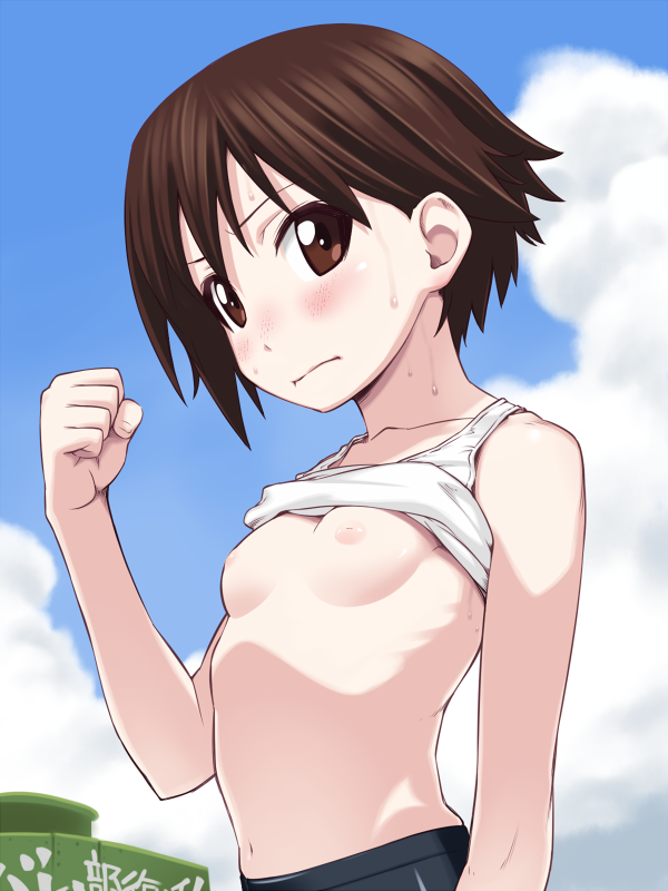 blush breasts brown_eyes brown_hair clenched_hand cloud day girls_und_panzer ground_vehicle isobe_noriko military military_vehicle motor_vehicle navel nipples shirt_lift short_hair sky small_breasts solo sweat tank tank_top type_89_i-gou wang-pac