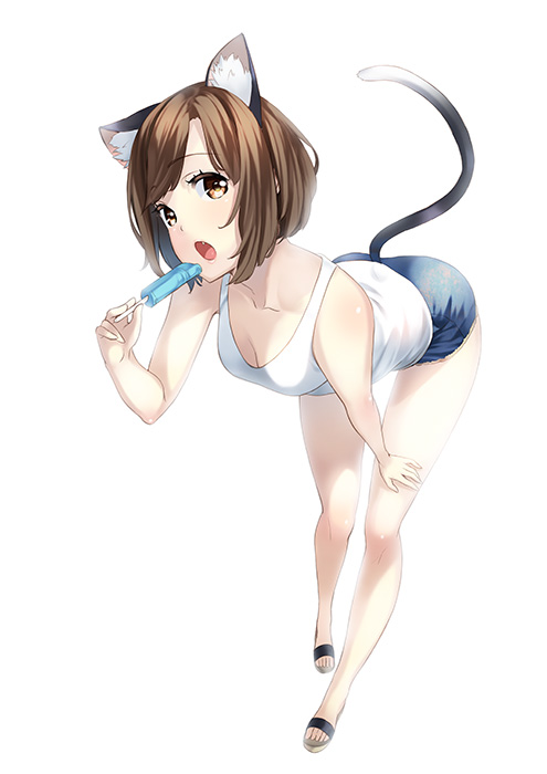 animal_ears breasts brown_eyes brown_hair cat_ears cat_tail cleavage fang food holding kyon_(fuuran) leaning_forward medium_breasts open_mouth original popsicle sandals short_hair short_shorts shorts solo tail tank_top