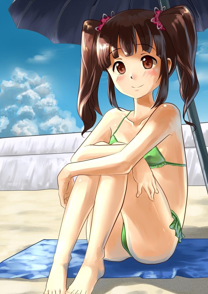 barefoot beach bikini brown_eyes brown_hair day idolmaster idolmaster_cinderella_girls long_hair ogata_chieri rain_clowder sitting smile solo swimsuit twintails