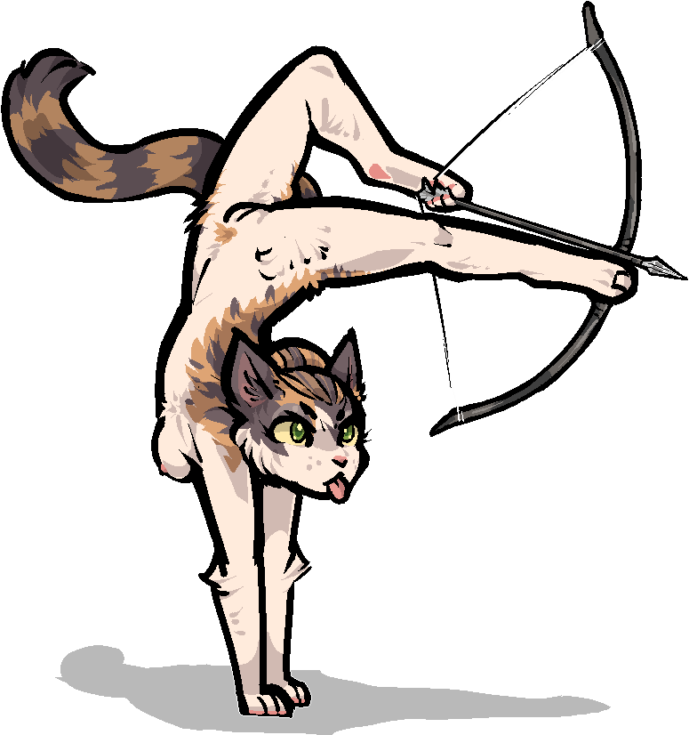 alpha_channel anthro arrow_(weapon) biped bow_(weapon) breasts domestic_cat felid feline felis female fur genitals holding_object holding_weapon jam_(artist) mammal nude pussy ranged_weapon simple_background solo tail tongue tongue_out transparent_background weapon