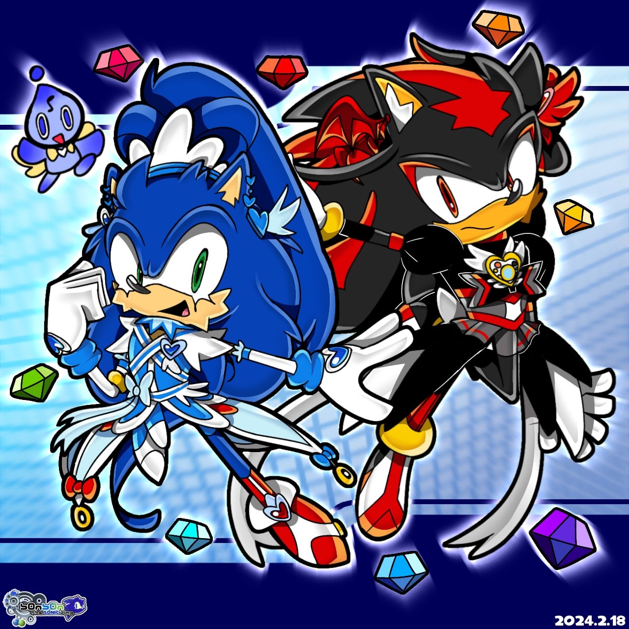 1other 2boys b0nb0n black_fur blue_background blue_fur chao_(sonic) chaos_emerald crossover dated dokidoki!_precure dress full_body furry furry_male gem gloves green_eyes highres long_hair looking_at_viewer multiple_boys open_mouth parody precure shadow_the_hedgehog sonic_(series) sonic_the_hedgehog style_parody suite_precure white_gloves