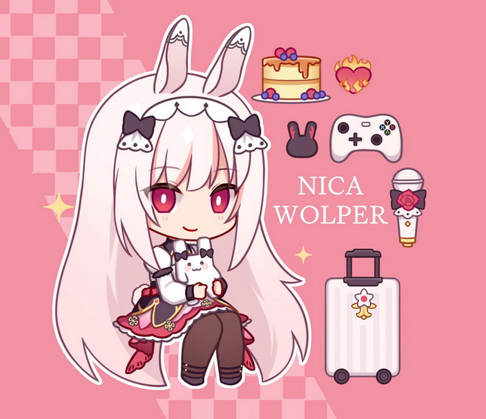 1girl animal_ears black_bow black_footwear blush bow brown_pantyhose burning_heart cake checkered_background chibi closed_mouth controller fire food game_controller hair_bow heart hitsuki_rei indie_virtual_youtuber layered_sleeves long_hair long_sleeves microphone nica_wolper pantyhose pink_background pink_skirt puffy_short_sleeves puffy_sleeves rabbit_ears red_eyes rolling_suitcase shirt shoes short_over_long_sleeves short_sleeves sitting skirt smile solo suitcase very_long_hair virtual_youtuber white_hair white_shirt