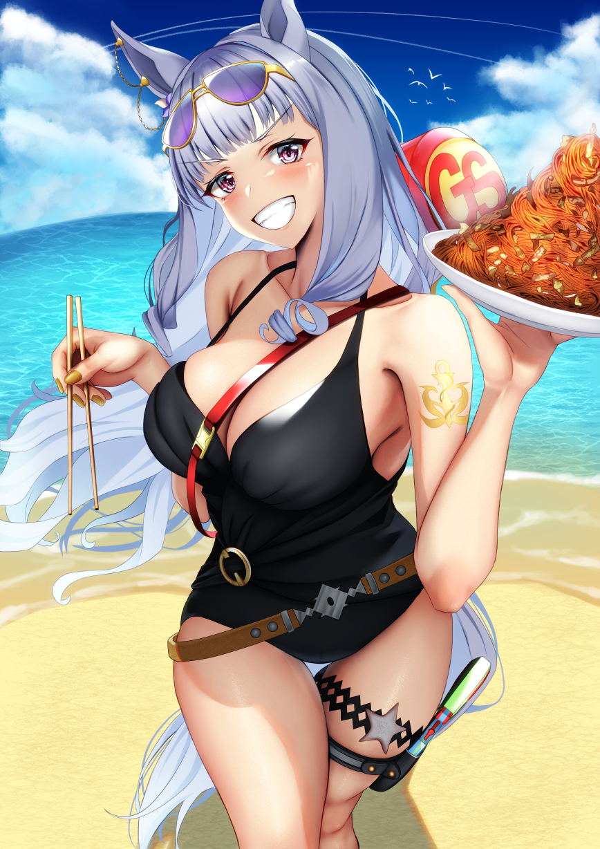 1girl animal_ears beach between_breasts black_choker black_one-piece_swimsuit blue_sky blush bracelet breasts choker chopsticks cleavage cloud cloudy_sky commentary_request cowboy_shot ear_ornament earrings eyewear_on_head gold_ship_(run_revolt_launcher)_(umamusume) gold_ship_(umamusume) grey_hair grin highres holding holding_chopsticks holding_plate holster horse_ears horse_girl jewelry large_breasts long_hair official_alternate_costume official_alternate_hairstyle one-piece_swimsuit outdoors plate purple_eyes sand single_earring sky smile solo strap_between_breasts sunglasses swimsuit thigh_holster thigh_strap tongue tongue_out tsukareme umamusume v-shaped_eyebrows water water_gun yakisoba