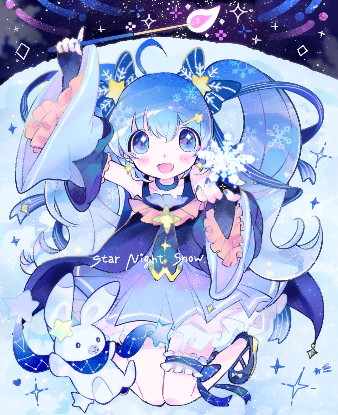 1girl :d arm_up blue_background blue_dress blue_eyes blue_hair blue_theme commentary_request constellation_print detached_sleeves dress fingerless_gloves full_body gloves hair_between_eyes hair_ornament hair_ribbon hairclip hatsune_miku highres holding holding_wand index_finger_raised kiato kneeling long_hair looking_at_viewer open_mouth rabbit ribbon shoes sleeveless sleeveless_dress smile snowflakes solo sparkle star_(symbol) star_hair_ornament thigh_strap twintails very_long_hair vocaloid wand yuki_miku yuki_miku_(2017)