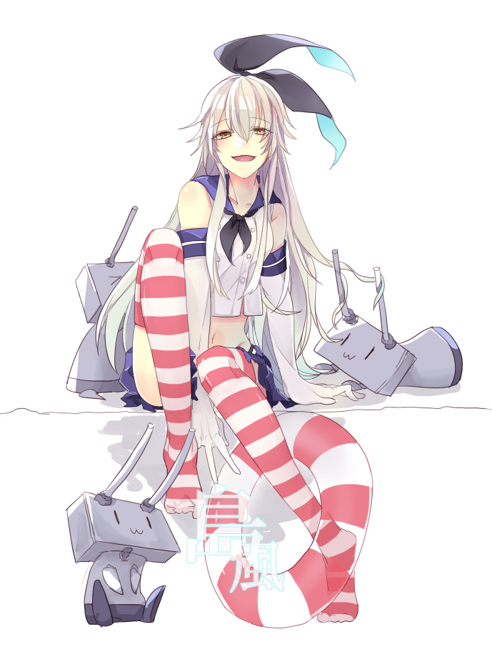 bad_id bad_pixiv_id elbow_gloves gloves hairband kantai_collection long_hair looking_at_viewer makino_bunny midriff navel open_mouth rensouhou-chan shimakaze_(kantai_collection) silver_hair sitting skirt smile solo striped striped_legwear thighhighs white_background yellow_eyes