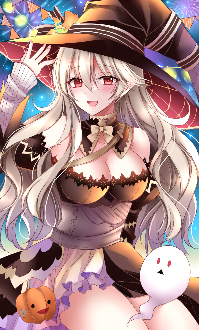 1girl :d aerial_fireworks arm_up bare_shoulders black_headwear blush bow breasts brown_bow brown_dress cleavage corrin_(female)_(fire_emblem) corrin_(fire_emblem) dress fire_emblem fire_emblem_fates fireworks ghost grey_hair hair_between_eyes hat highres kirishima_riona long_hair long_sleeves looking_at_viewer medium_breasts mole mole_under_mouth night night_sky pennant pointy_ears red_eyes sitting sky sleeves_past_wrists smile solo string_of_flags very_long_hair witch_hat