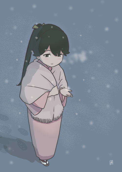 1girl black_eyes black_hair breath commentary_request full_body grey_scarf high_ponytail houshou_(kancolle) kantai_collection mihama_machi pink_robe ponytail robe sandals scarf smile snowing socks solo white_socks