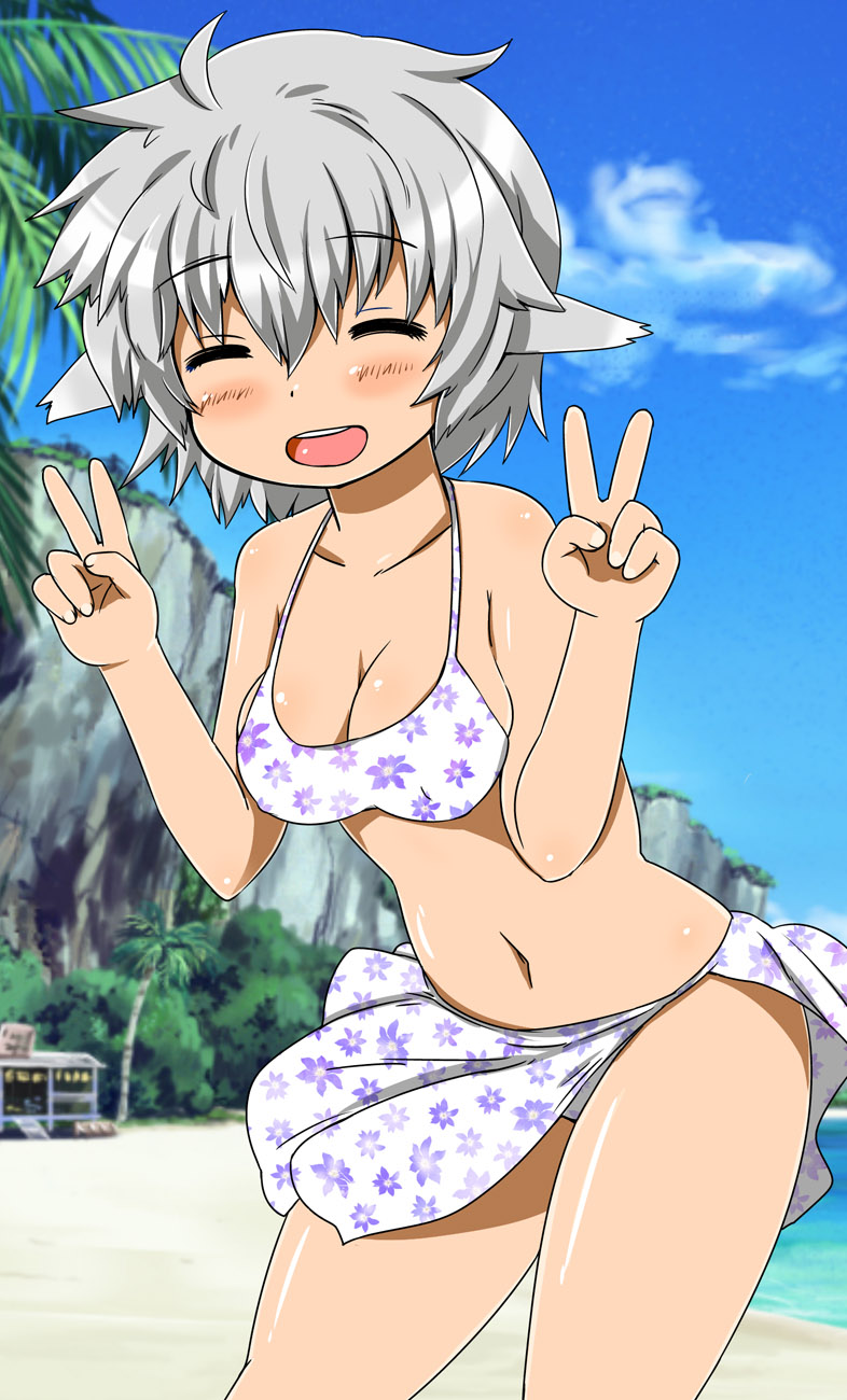 aizawa_shin animal_ears beach bikini breasts cleavage closed_eyes day double_v highres medium_breasts original short_hair silver_hair smile solo swimsuit v