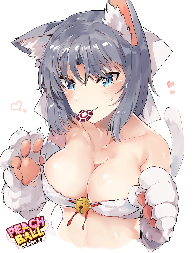 1girl animal_ears animal_hands bell bikini blue_eyes bow breasts cat cat_ears cat_girl cat_lingerie cleavage closed_mouth fang grey_hair hair_bow heart jingle_bell large_breasts light_blush looking_at_viewer medium_hair meme_attire poker_chip senran_kagura senran_kagura_peach_ball simple_background skin_fang smile swimsuit tuxedo_de_cat white_background white_bikini white_bow yumi_(senran_kagura)