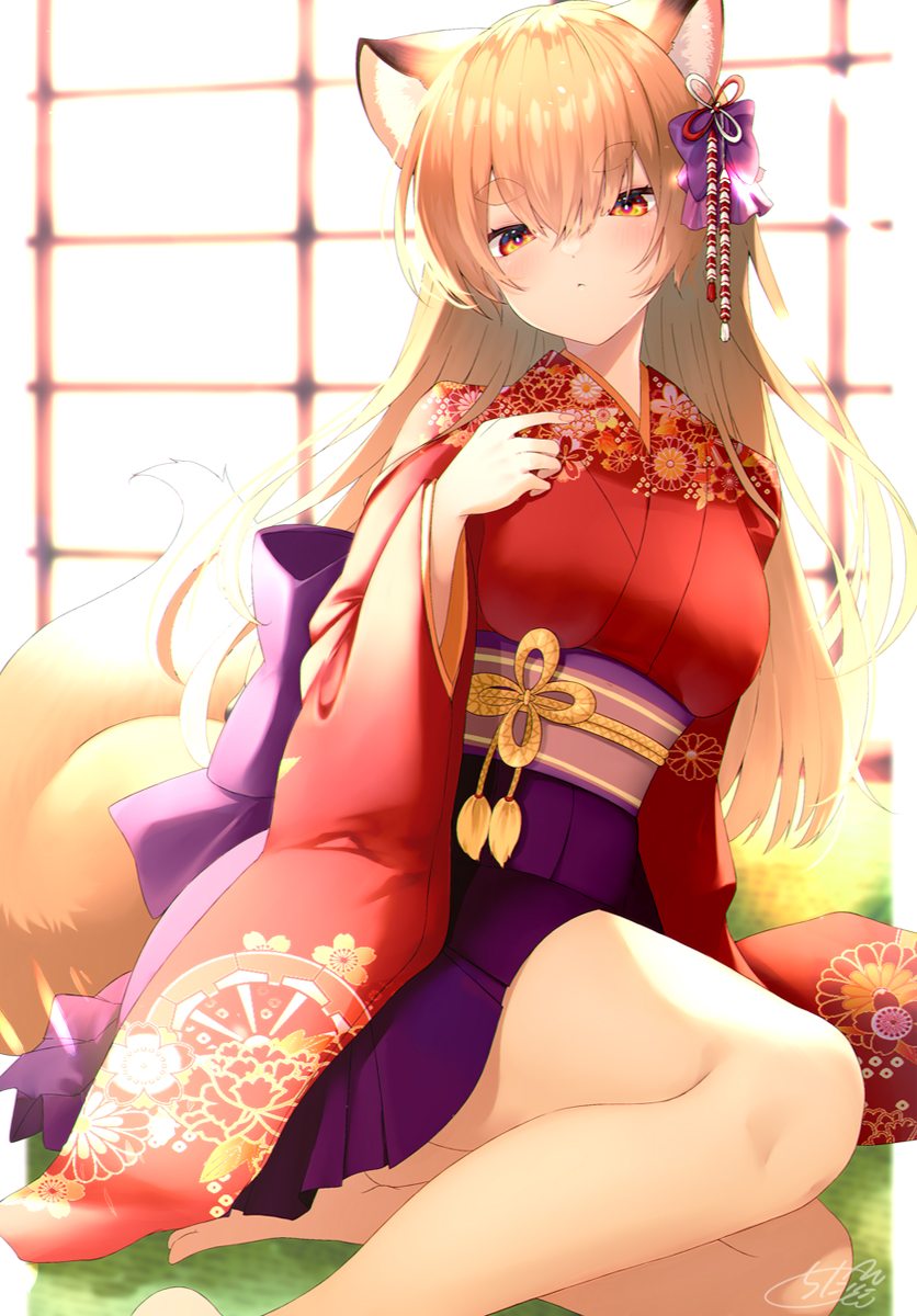 1girl animal_ear_fluff animal_ears barefoot bow breasts brown_hair chita_(ketchup) closed_mouth commentary_request feet_out_of_frame floral_print fox_ears fox_girl fox_tail hair_between_eyes hair_bow hakama hakama_short_skirt hakama_skirt highres japanese_clothes kimono long_hair long_sleeves looking_at_viewer medium_breasts obi original print_kimono purple_bow purple_hakama red_eyes red_kimono sash short_eyebrows signature skirt solo tail thick_eyebrows very_long_hair wide_sleeves