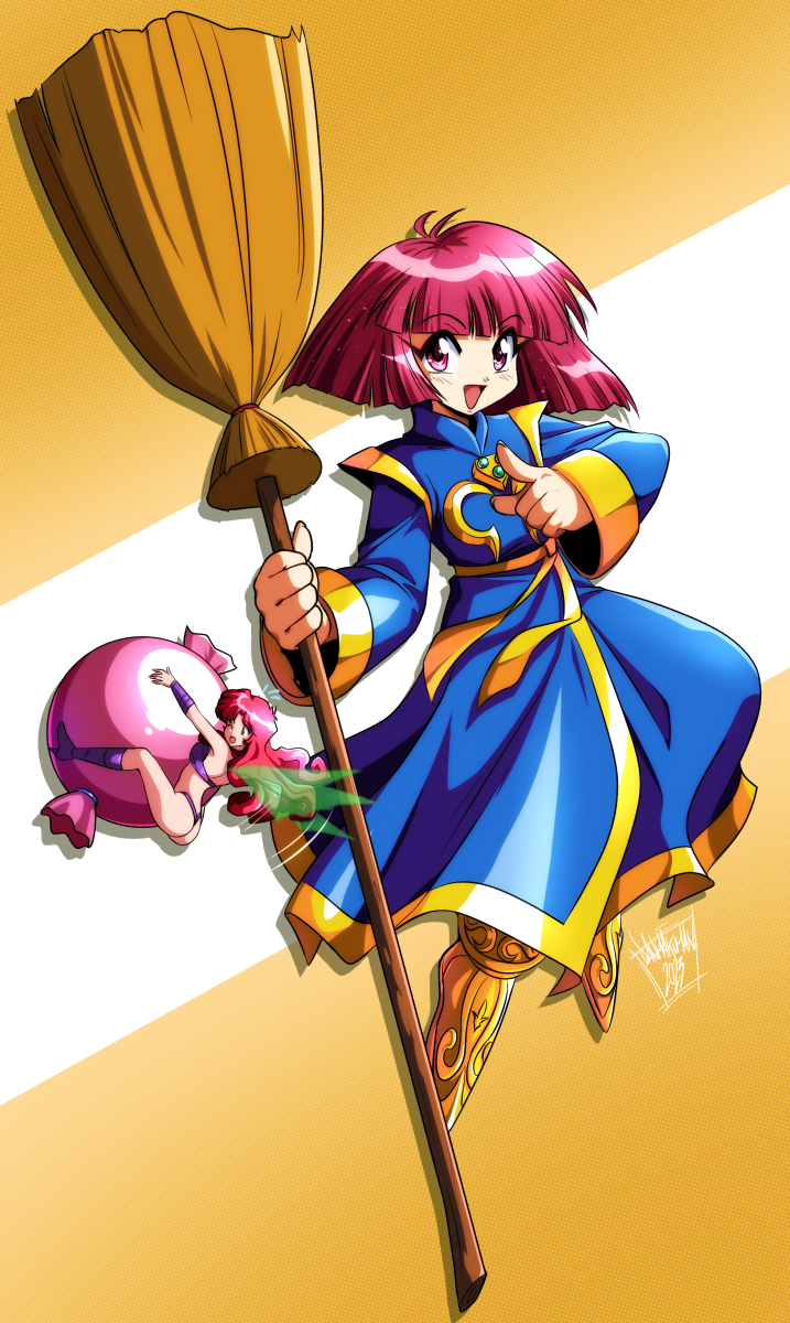 1990s_(style) 2girls blue_robe blunt_bangs bob_cut broom cotton_(character) cotton_(game) danmakuman fairy fairy_wings highres holding holding_broom long_hair long_sleeves looking_at_viewer multiple_girls open_mouth pointing pointing_at_viewer red_eyes red_hair retro_artstyle robe short_hair signature silk_(cotton) simple_background size_difference smile wings yellow_footwear