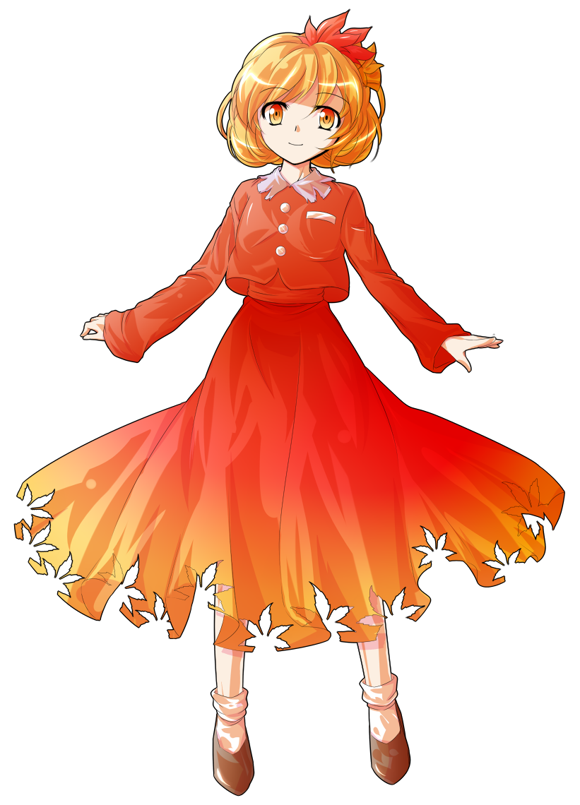 aki_shizuha alphes_(style) blonde_hair dairi dress full_body hair_ornament leaf leaf_hair_ornament looking_at_viewer parody short_hair smile solo style_parody touhou transparent_background yellow_eyes