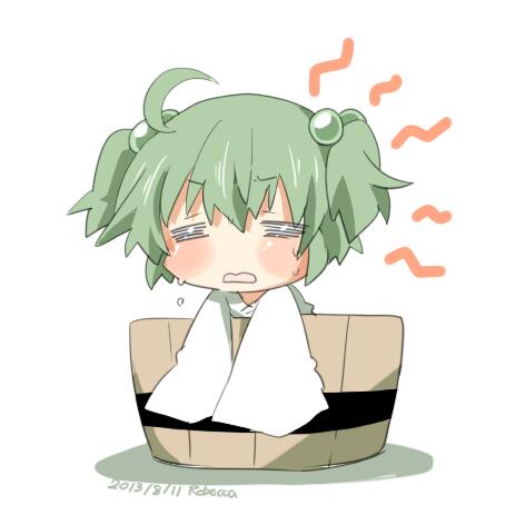 =_= ahoge bad_id bad_twitter_id blush bucket closed_eyes dated green_hair kisume lowres open_mouth rebecca_(keinelove) shadow short_hair signature simple_background solo sweat tears touhou twintails white_background wide_sleeves wooden_bucket