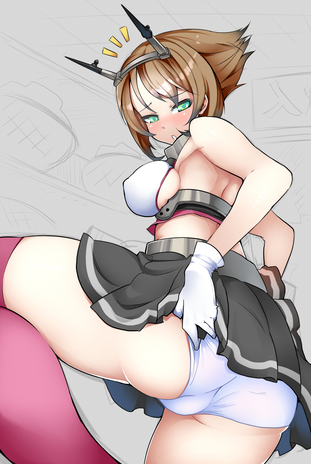 bare_shoulders blush breasts brown_hair from_behind gloves green_eyes headgear highres kantai_collection looking_at_viewer looking_back medium_breasts midriff miniskirt mutsu_(kantai_collection) nac000 open_mouth panties red_legwear short_hair skirt skirt_lift solo thighhighs underwear white_gloves