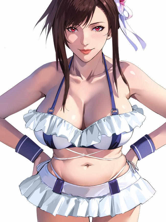 1girl ai-assisted bikini bikini_skirt breasts cleavage english_commentary final_fantasy final_fantasy_vii final_fantasy_vii_rebirth final_fantasy_vii_remake frilled_bikini frills hands_on_own_hips jamjamstyle large_breasts leaning_forward looking_at_viewer microskirt navel official_alternate_costume official_alternate_hairstyle red_eyes revision simple_background skirt smile solo stomach swimsuit tifa_lockhart tifa_lockhart_(shining_spirit) wristband