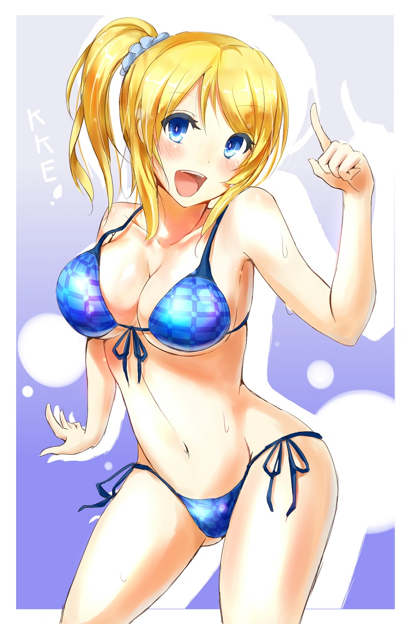 :d ayase_eli bikini blonde_hair blue_eyes blush breasts cleavage front-tie_top highres long_hair love_live! love_live!_school_idol_project medium_breasts navel open_mouth pointing ponytail reityana side-tie_bikini smile solo strap_gap swimsuit