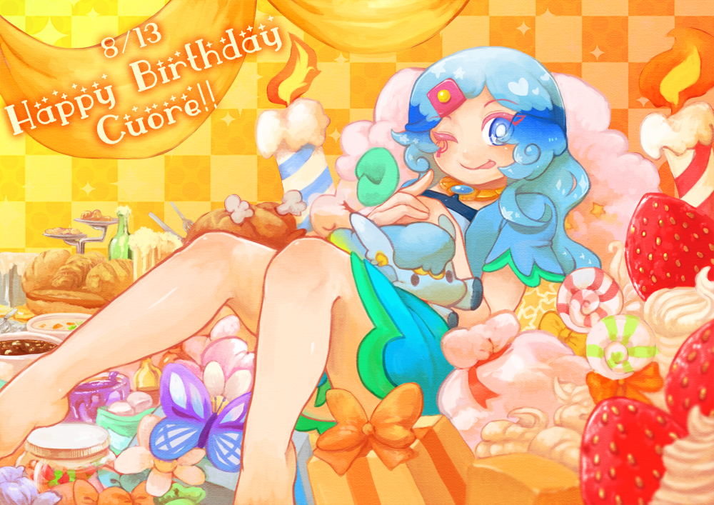 :p bad_id bad_pixiv_id blue_eyes blue_hair bug butterfly candle dress food fruit insect legs long_hair one_eye_closed original smile solo strawberry sweets tatugon tongue tongue_out