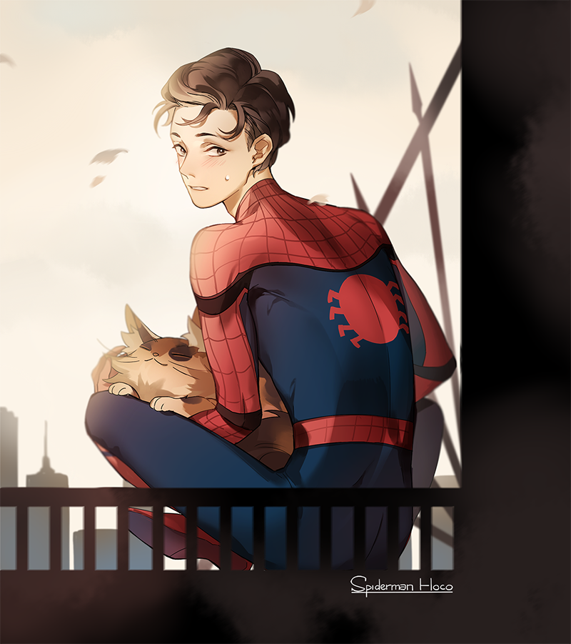 1boy animal animal_ears animal_nose animal_print animification back blue_bodysuit blush bodysuit brown_eyes brown_fur brown_hair building cat cat_ears city day from_behind kottie looking_at_viewer looking_back marvel marvel_cinematic_universe outdoors peter_parker red_bodysuit short_hair sitting sky skyscraper spider-man spider-man:_homecoming spider-man_(series) spider_print spider_web_print superhero_costume sweatdrop teeth two-tone_bodysuit white_sky