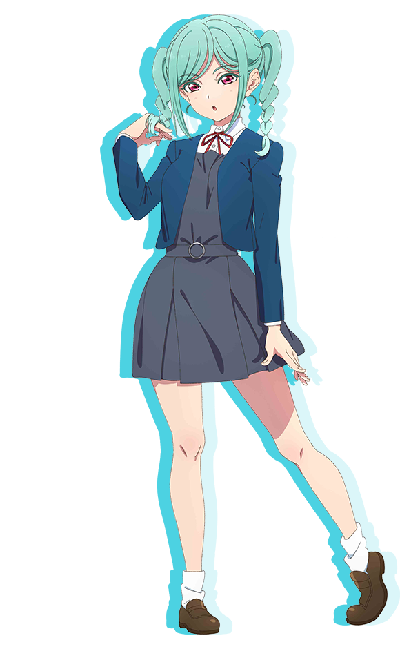 1girl :o aqua_hair arm_at_side blazer blue_jacket braid brown_footwear collared_shirt dress drop_shadow full_body grey_dress hand_in_own_hair jacket loafers long_hair long_sleeves looking_at_viewer loose_socks love_live! love_live!_superstar!! neck_ribbon official_art onitsuka_tomari open_clothes open_jacket parted_bangs parted_lips pinafore_dress red_eyes red_ribbon ribbon school_uniform shirt shoes short_dress sidelocks sleeveless sleeveless_dress socks solo standing transparent_background twin_braids twintails white_shirt white_socks winter_uniform yuigaoka_school_uniform