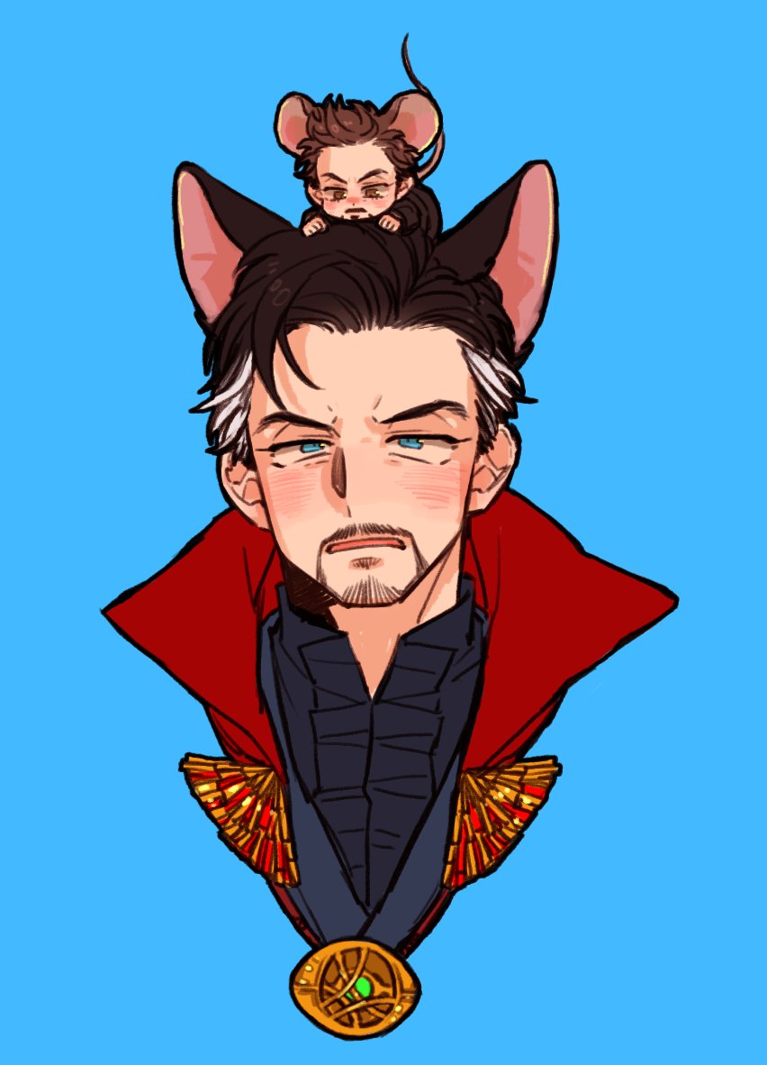 2boys animal_ears animification avengers:_infinity_war avengers_(series) black_hair black_jacket black_pants blue_background blue_eyes blue_shirt brown_eyes brown_hair cat_ears clenched_hands cloak closed_mouth commentary_request dishing doctor_strange facial_hair gem gold_necklace green_gemstone half-closed_eyes infinity_gems jacket jewelry kemonomimi_mode korean_commentary long_sleeves looking_at_another looking_down looking_up male_focus mandarin_collar marvel marvel_cinematic_universe mouse_ears mouse_tail multicolored_hair multiple_boys necklace open_mouth pants red_cloak shirt short_hair simple_background tail tony_stark two-tone_hair upper_body v-shaped_eyebrows white_hair