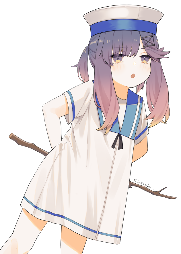 1girl artist_name branch dress feet_out_of_frame hat holding holding_branch ichiroku_(sakumogu-029) kantai_collection long_hair open_mouth purple_hair sailor_hat short_sleeves signature simple_background solo tsushima_(kancolle) white_background white_dress white_hat yellow_eyes