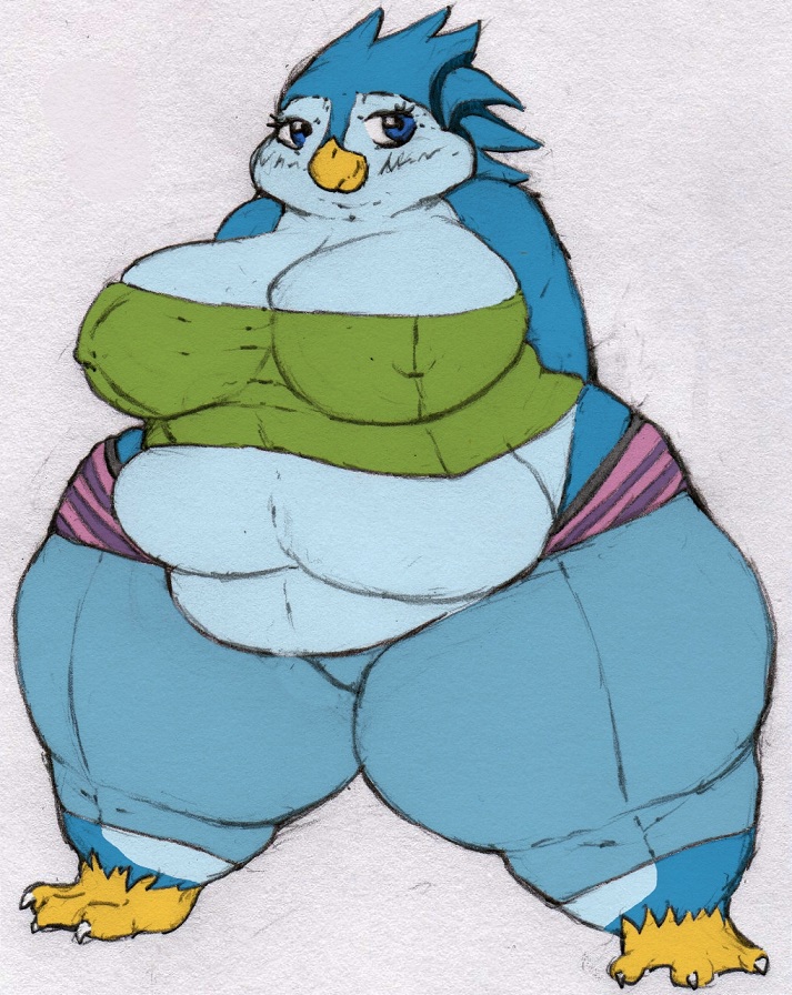 arkveveen avian beak belly bird blue_body blue_eyes clothing feet female gillpanda invalid_tag overweight penguin seth65 smile solo talons thick_thighs tight_clothing toes topwear tube_top